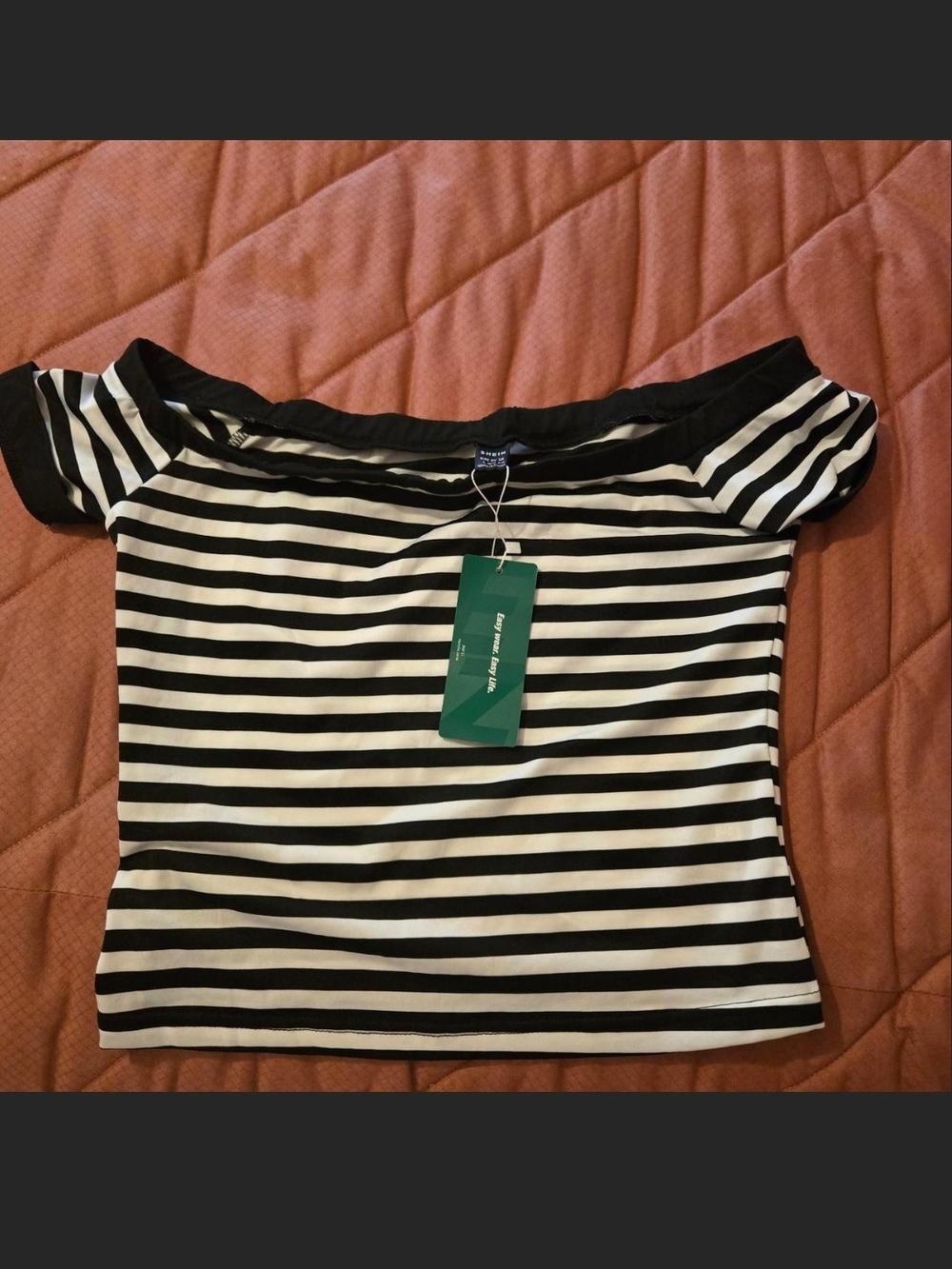 SHEIN Black & White Striped Off-Shoulder Crop Top
